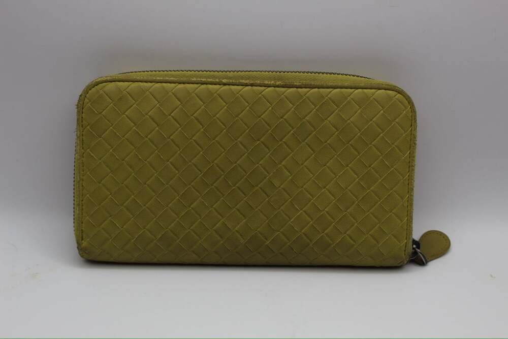 Bottega Veneta Chartreuse Green Intrecciato Woven Leather Zip Around Wallet